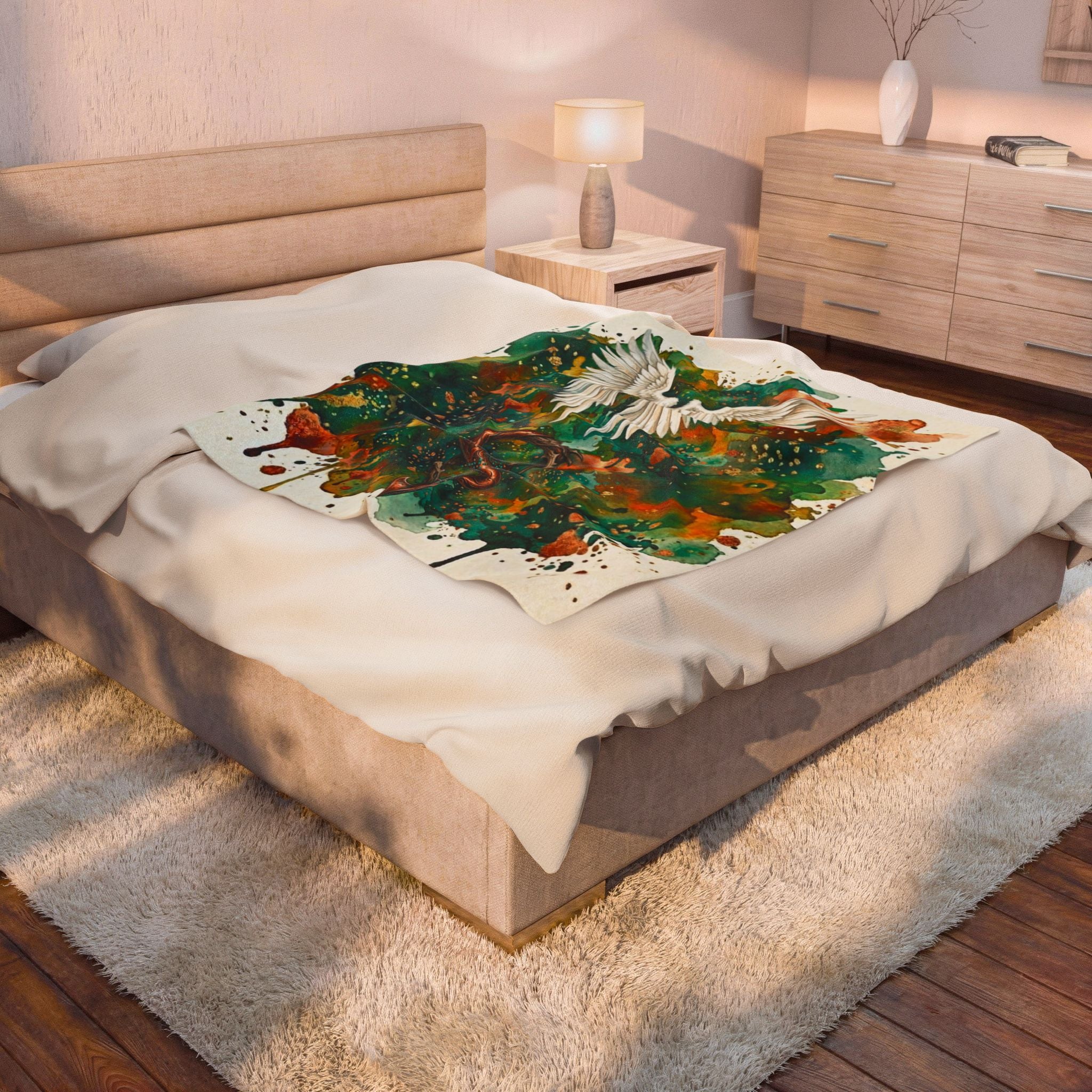 Velveteen Plush Blanket — Angel Wings & Devil Tail Watercolor Duality with Gold & Copper Highlights