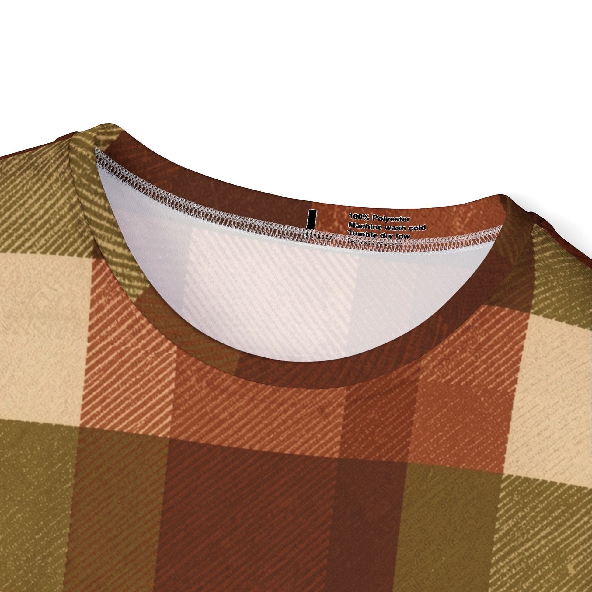Chromatic plaid sports jersey in rust, olive, and cream polyester with a ribbed collar and printed care label.