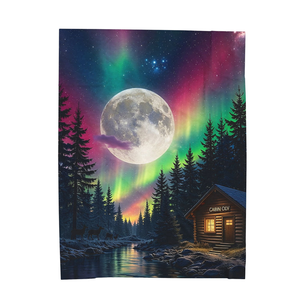 Northern Lights Cabin Velveteen Plush Blanket — Moonlit Aurora Throw for Cozy Nights