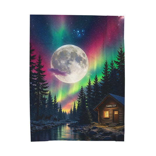Northern Lights Cabin Velveteen Plush Blanket — Moonlit Aurora Throw for Cozy Nights