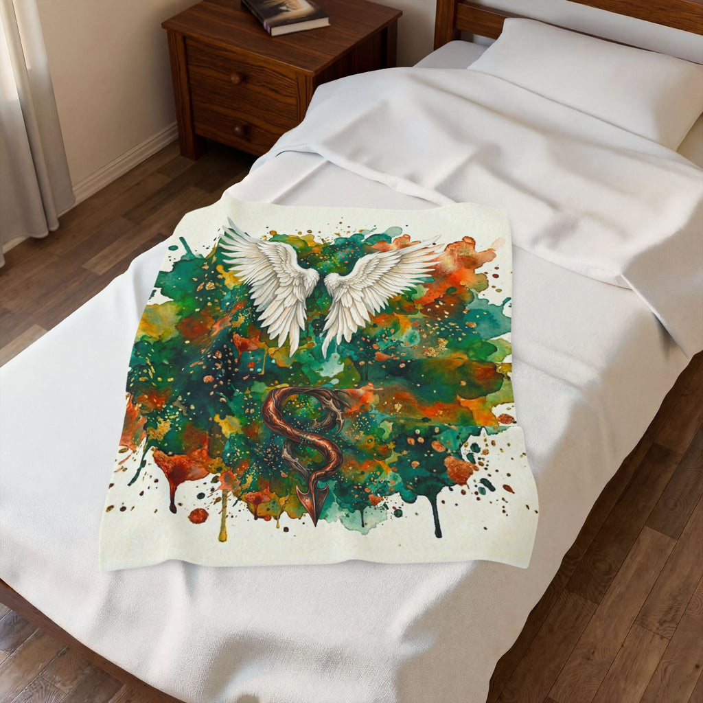 Velveteen Plush Blanket — Angel Wings & Devil Tail Watercolor Duality with Gold & Copper Highlights