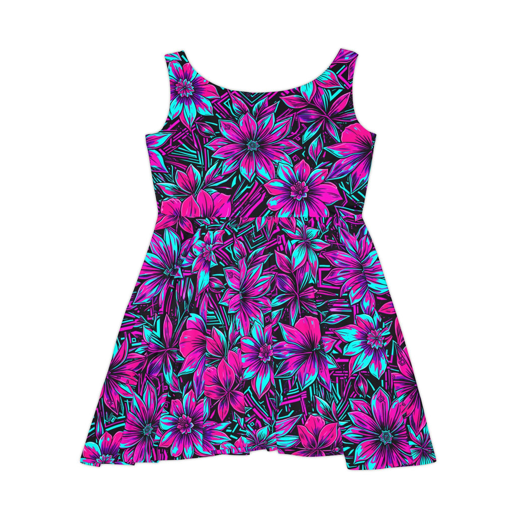 Neon Floral Flared Mini Dress— Bright Breathable Stretchy AOP