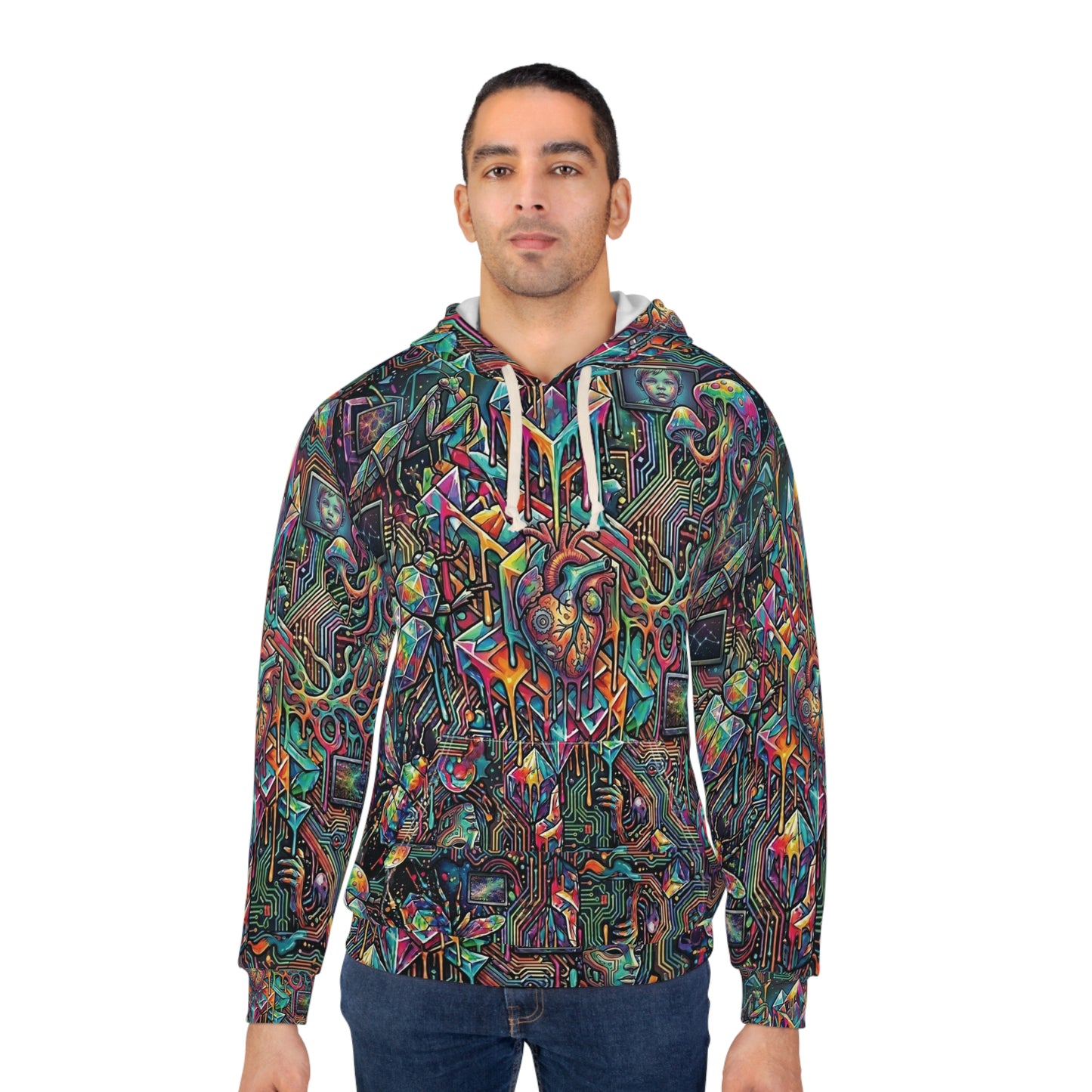 Cyber-Psychedelic Maximalist Hoodie — Colorful Contrasting Modern Art Pullover
