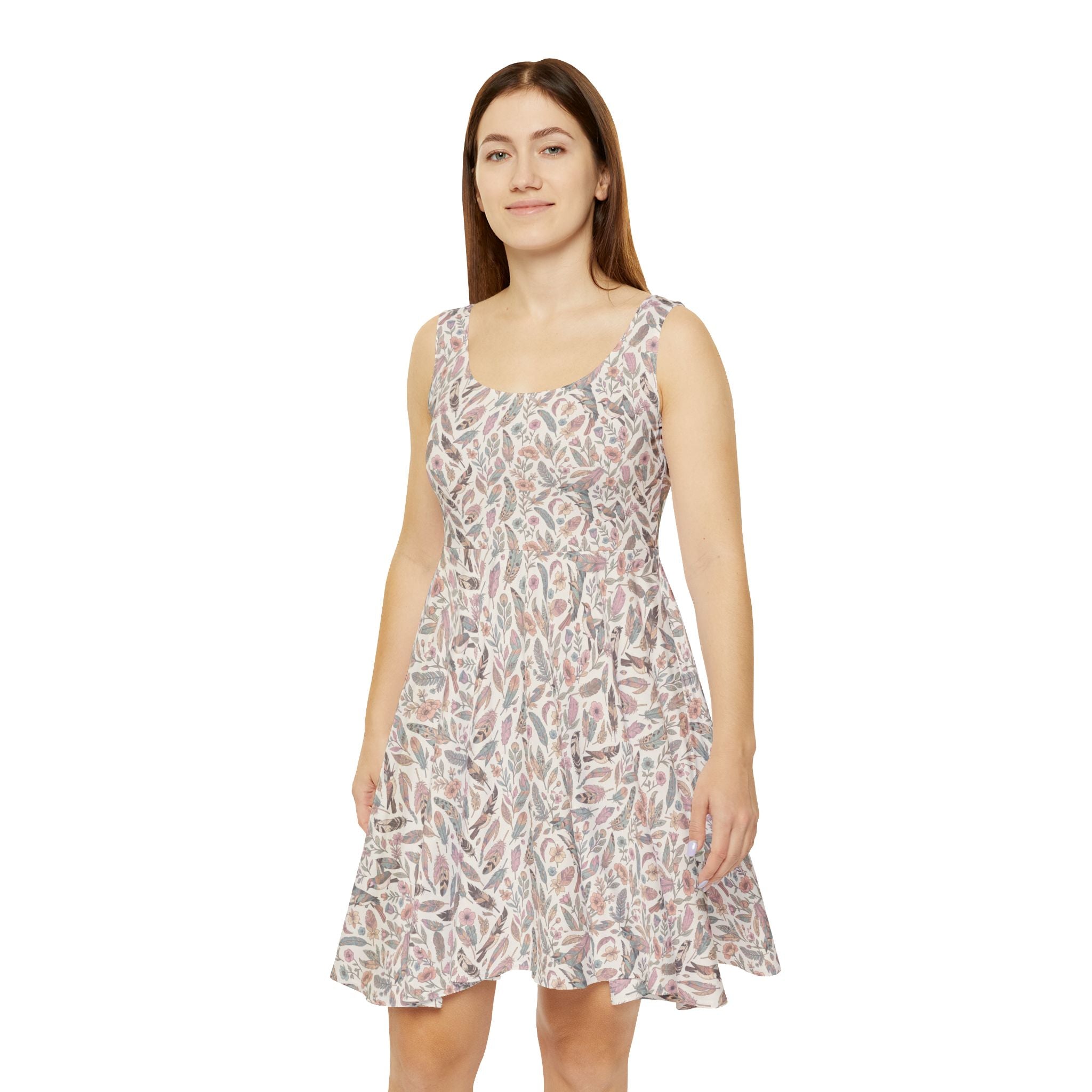 Feathers and Leaves Print Women's Flared Mini Dress, Neutral Summer Floral Pattern