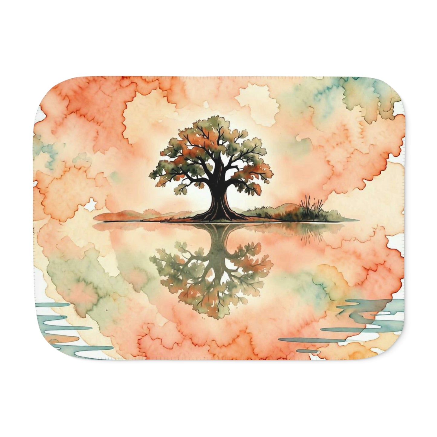 Zen Watercolor Tree  Reflection Sherpa Blanket — Lone Tree Lake Reflection