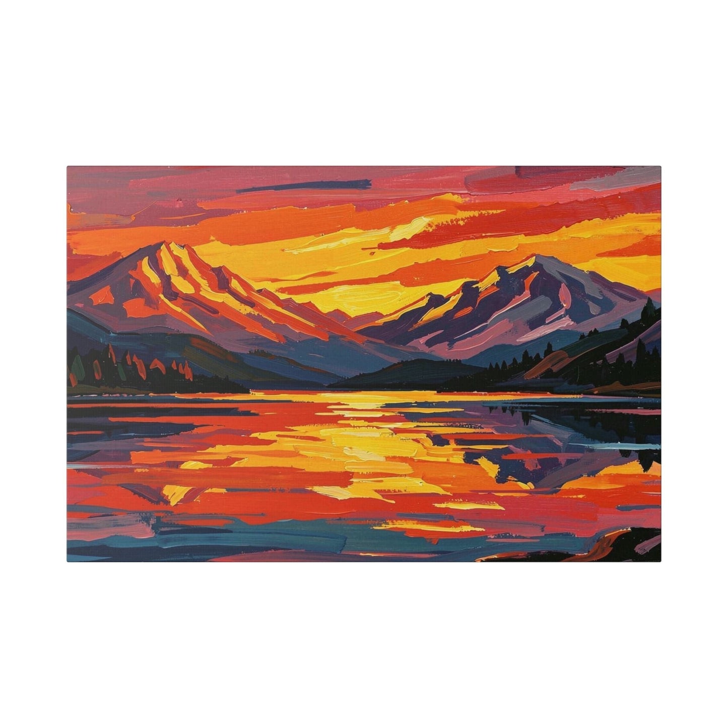 Chromatic sunset mountain lake canvas print with vibrant orange, magenta, and indigo blue painterly brushstrokes.