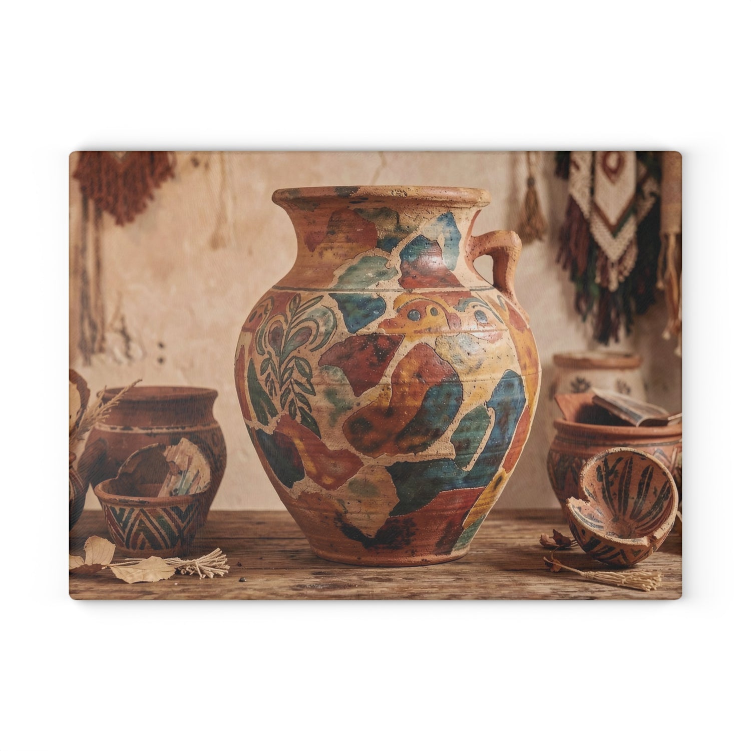 Boho Sunbaked Clay Pitcher Art Glass Cutting Board | Kitchen Countertop Decor