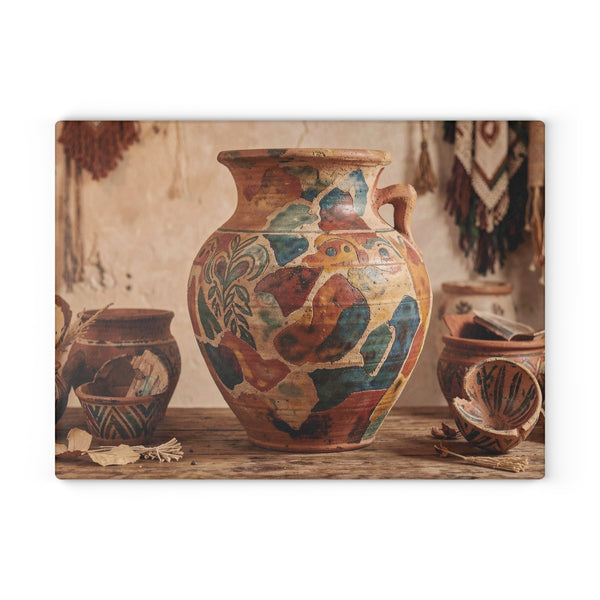 Boho Sunbaked Clay Pitcher Art Glass Cutting Board | Kitchen Countertop Decor