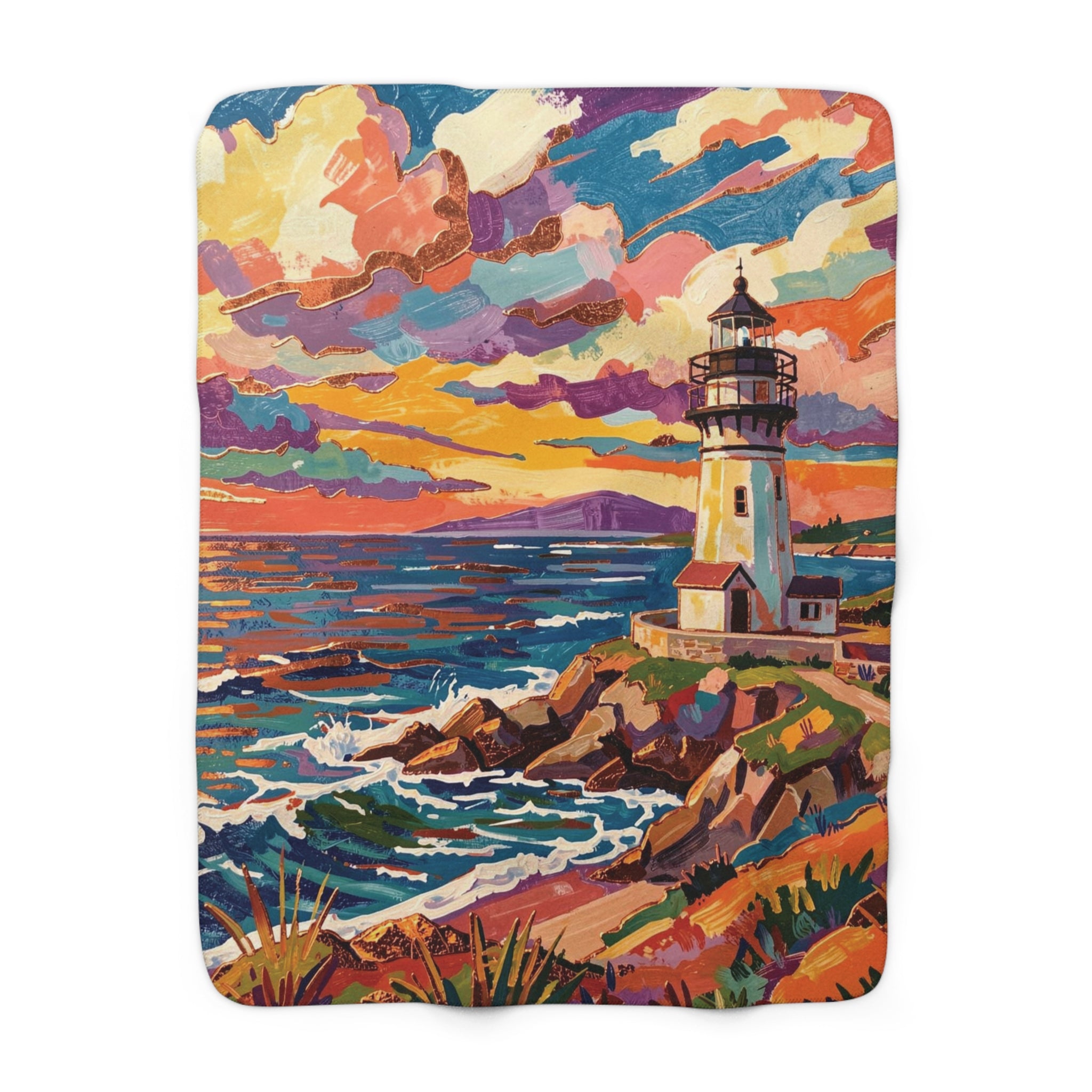 Colorful Lighthouse Sherpa Fleece Blanket — Cozy Nautical Throw
