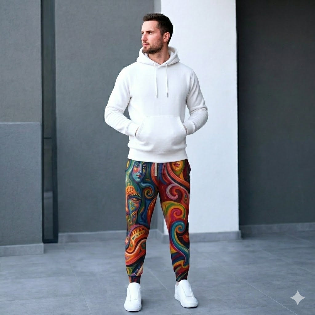 Raphael Three Graces Athletic Joggers — Colorful Modern Swirl, Cozy Stretchy All-Over Print