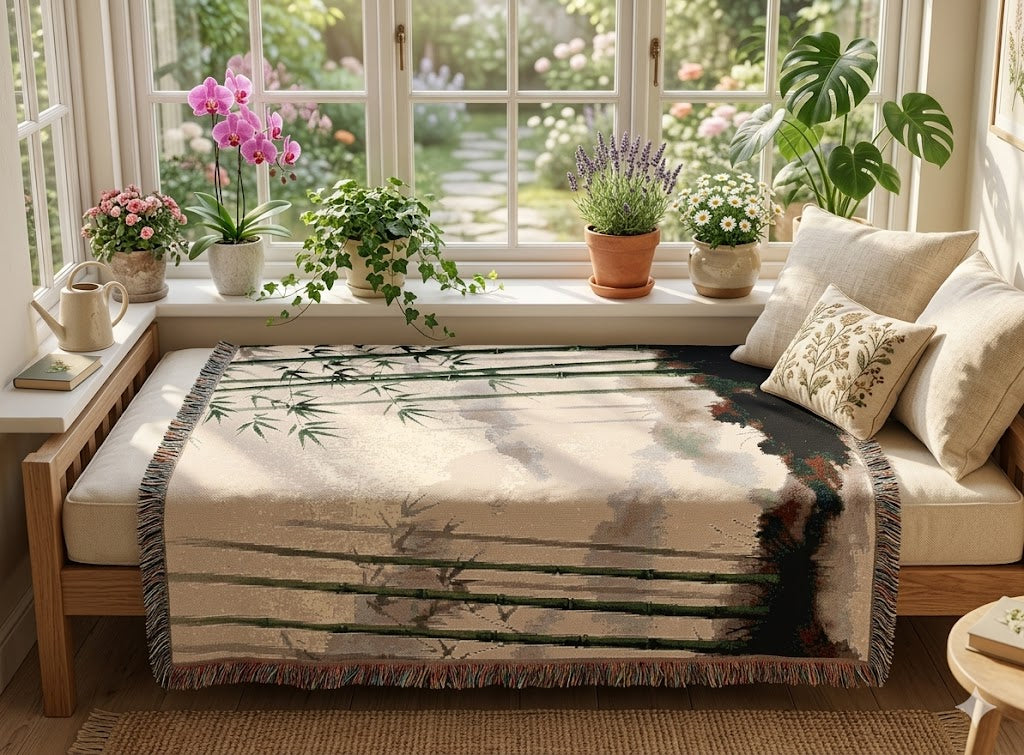 Bamboo Forest Woven Blanket | Nature Landscape Throw, Neutral Green