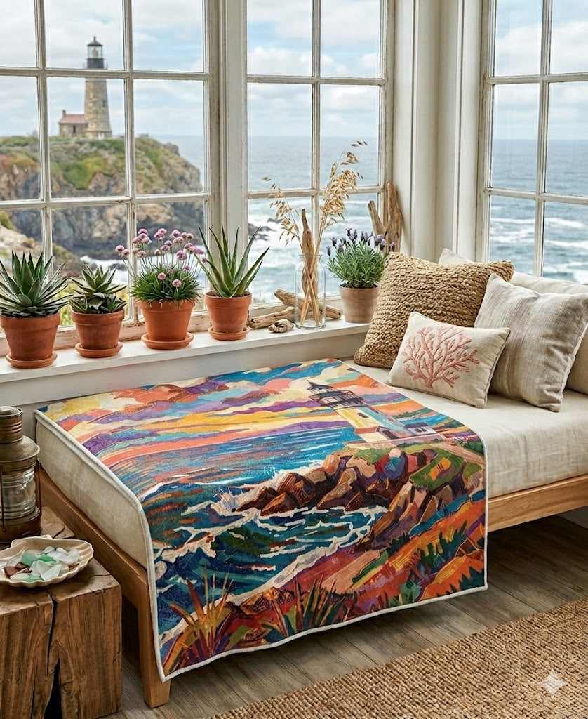 Colorful Lighthouse Sherpa Fleece Blanket — Cozy Nautical Throw