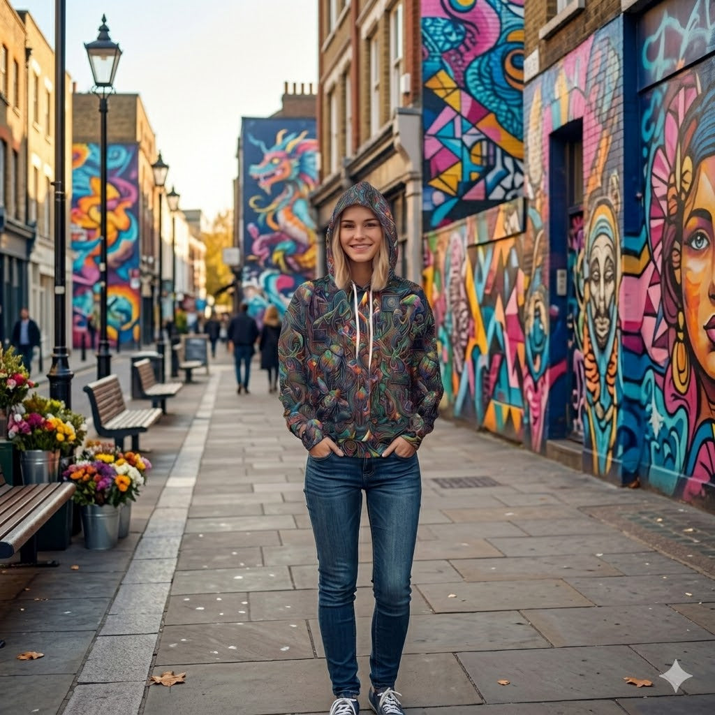 Cyber-Psychedelic Maximalist Hoodie — Colorful Contrasting Modern Art Pullover
