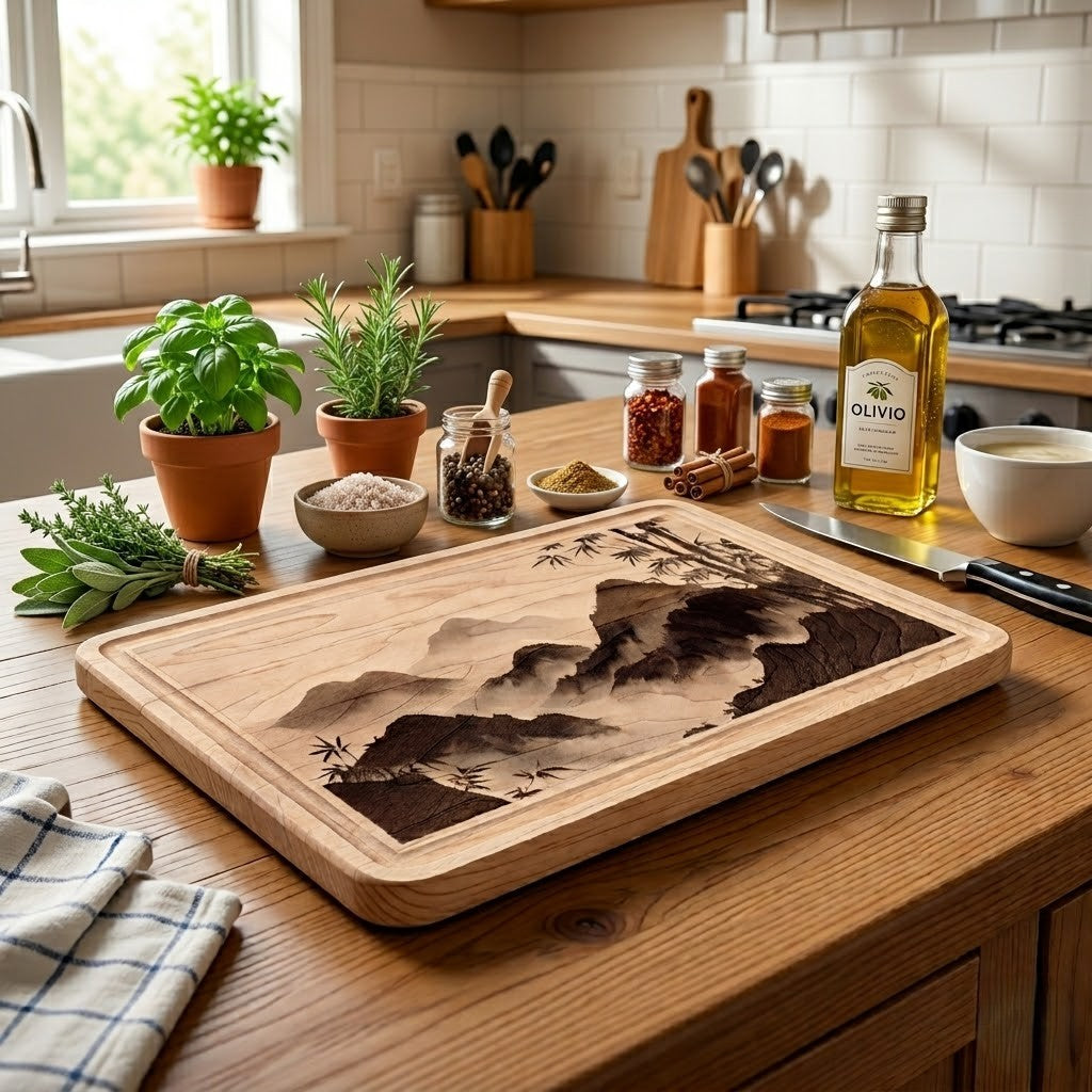 Zen Bamboo Mountains Wooden Cutting Board — Engraved Maple or Walnut