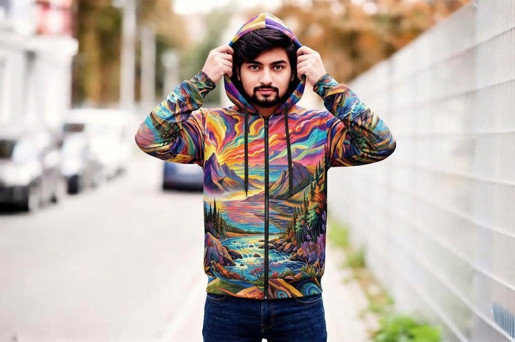 Abstract Pacific Northwest Art Zip Hoodie | Vibrant Bright AOP