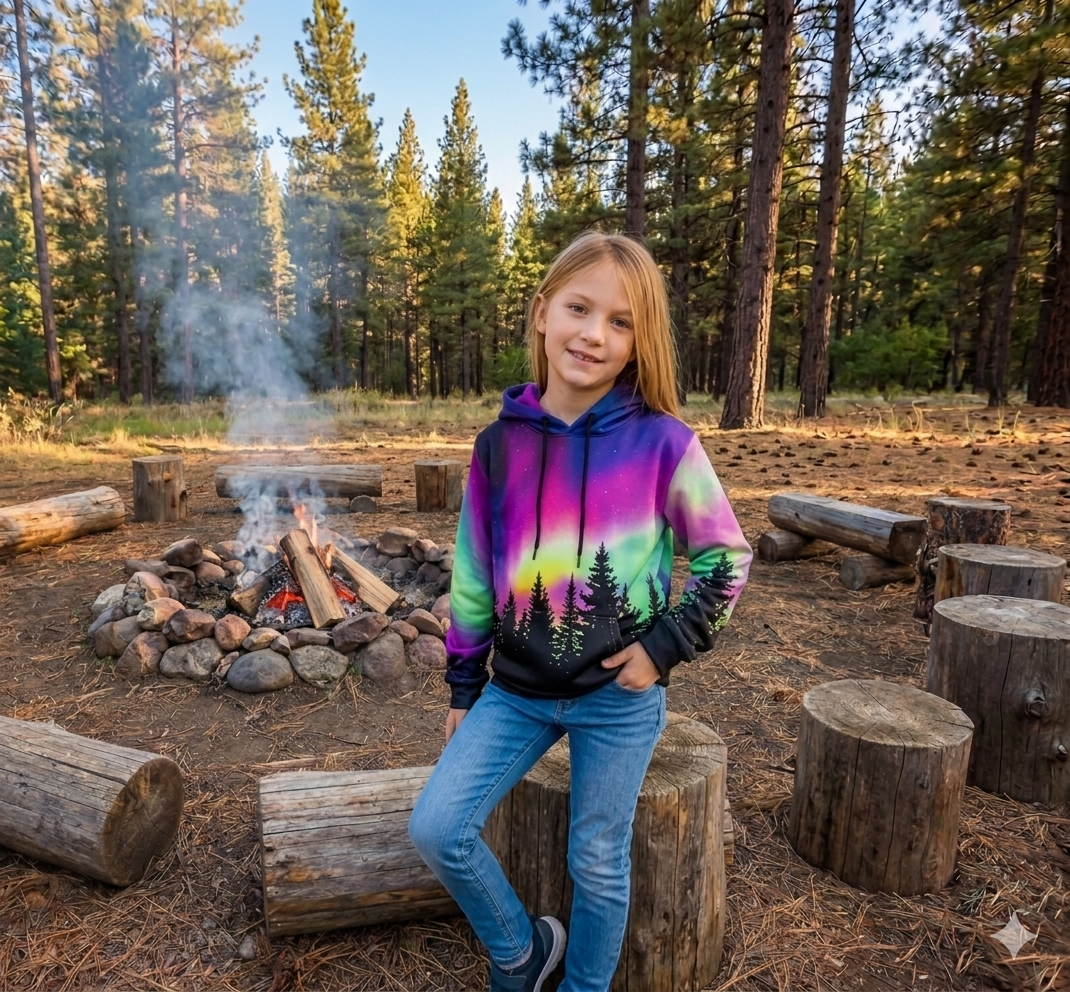 Aurora Neon Moon Children's Hoodie — Bright Night Sky Over Tree Line