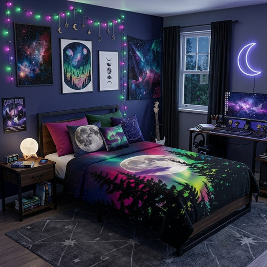 Northern Lights Fleece Sherpa Blanket – Neon Aurora Moon Forest Plush Throw