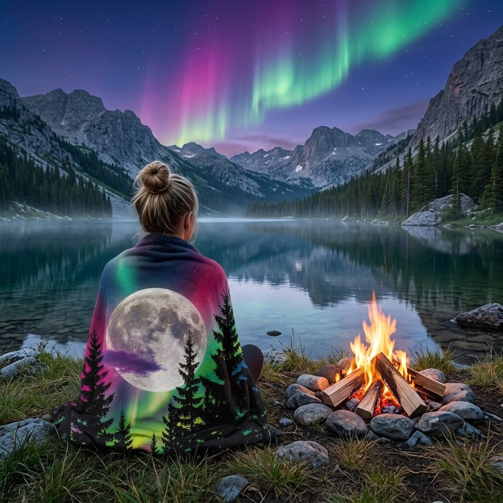 Northern Lights Fleece Sherpa Blanket – Neon Aurora Moon Forest Plush Throw