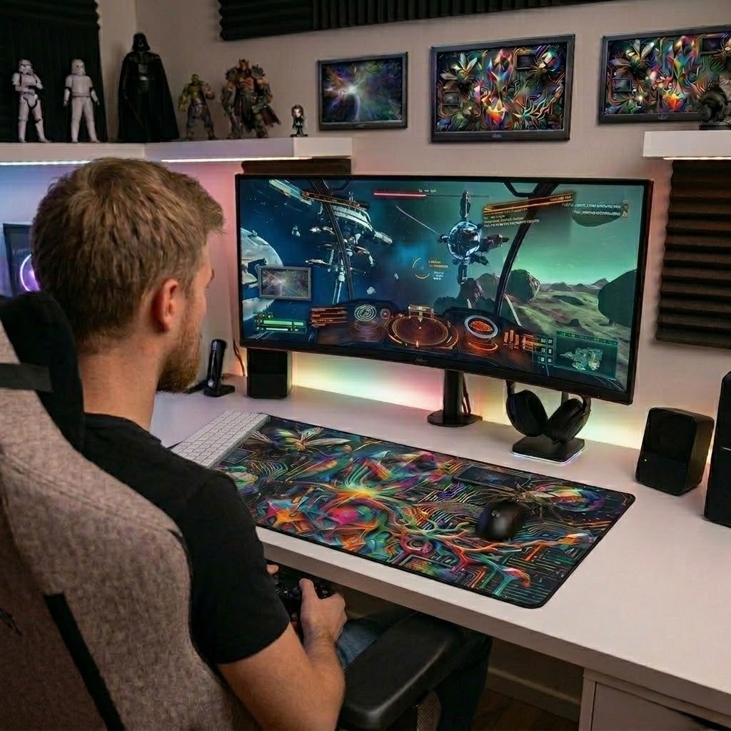 Cyber Psychedelic "Computer Bug" Desk Mat — Crystals, Insects & Circuit Art