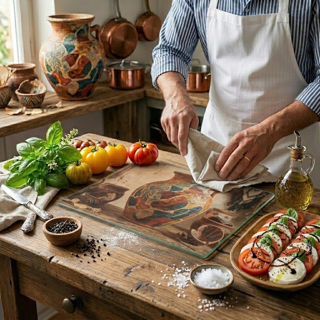 Boho Sunbaked Clay Pitcher Art Glass Cutting Board | Kitchen Countertop Decor