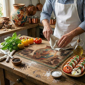 Boho Sunbaked Clay Pitcher Art Glass Cutting Board | Kitchen Countertop Decor