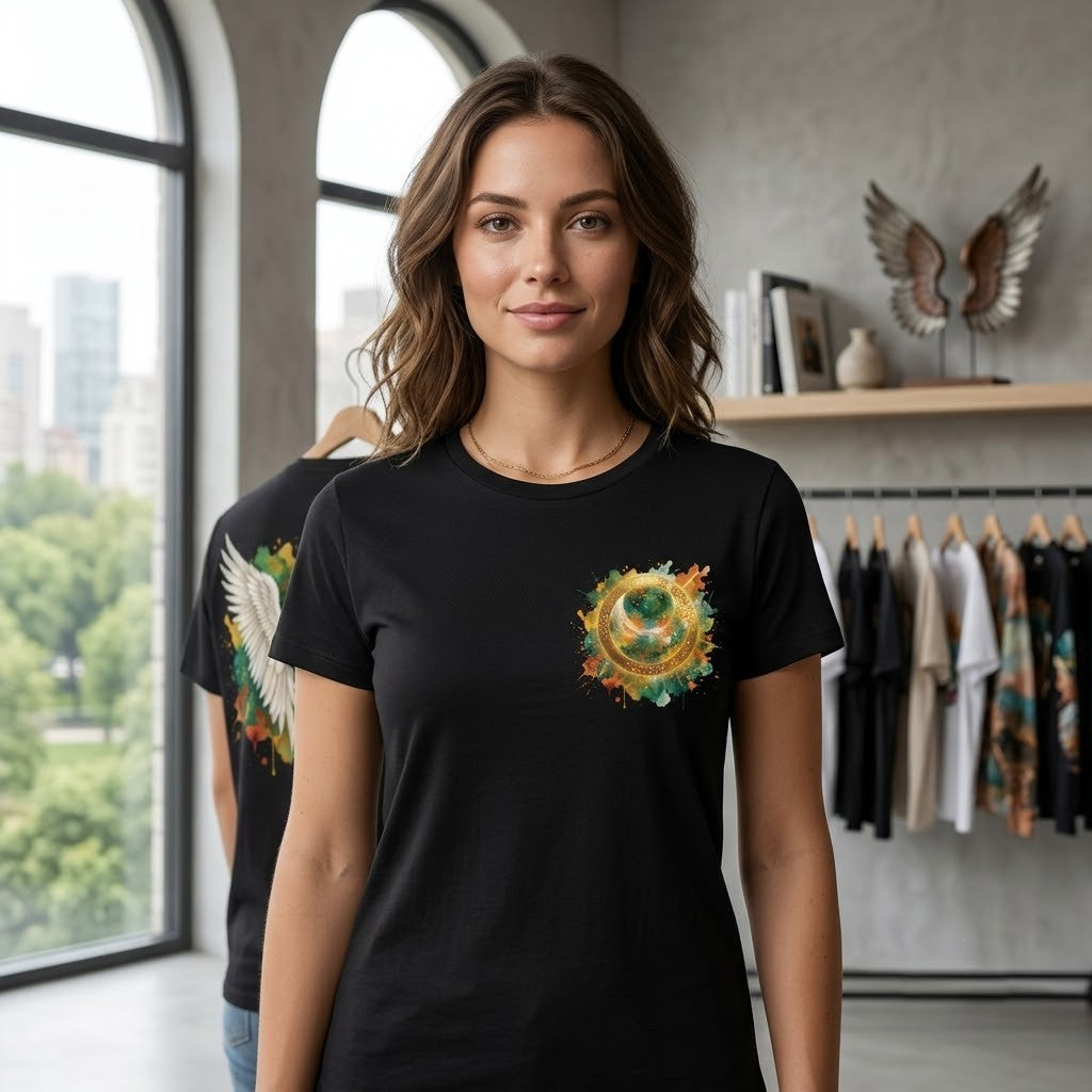 Angel Wings Watercolor Tee — Halo Front & Wing Back