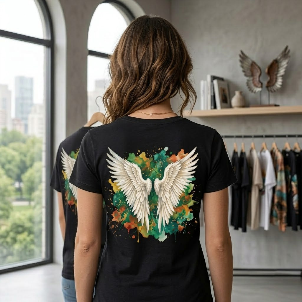 Angel Wings Watercolor Tee — Halo Front & Wing Back