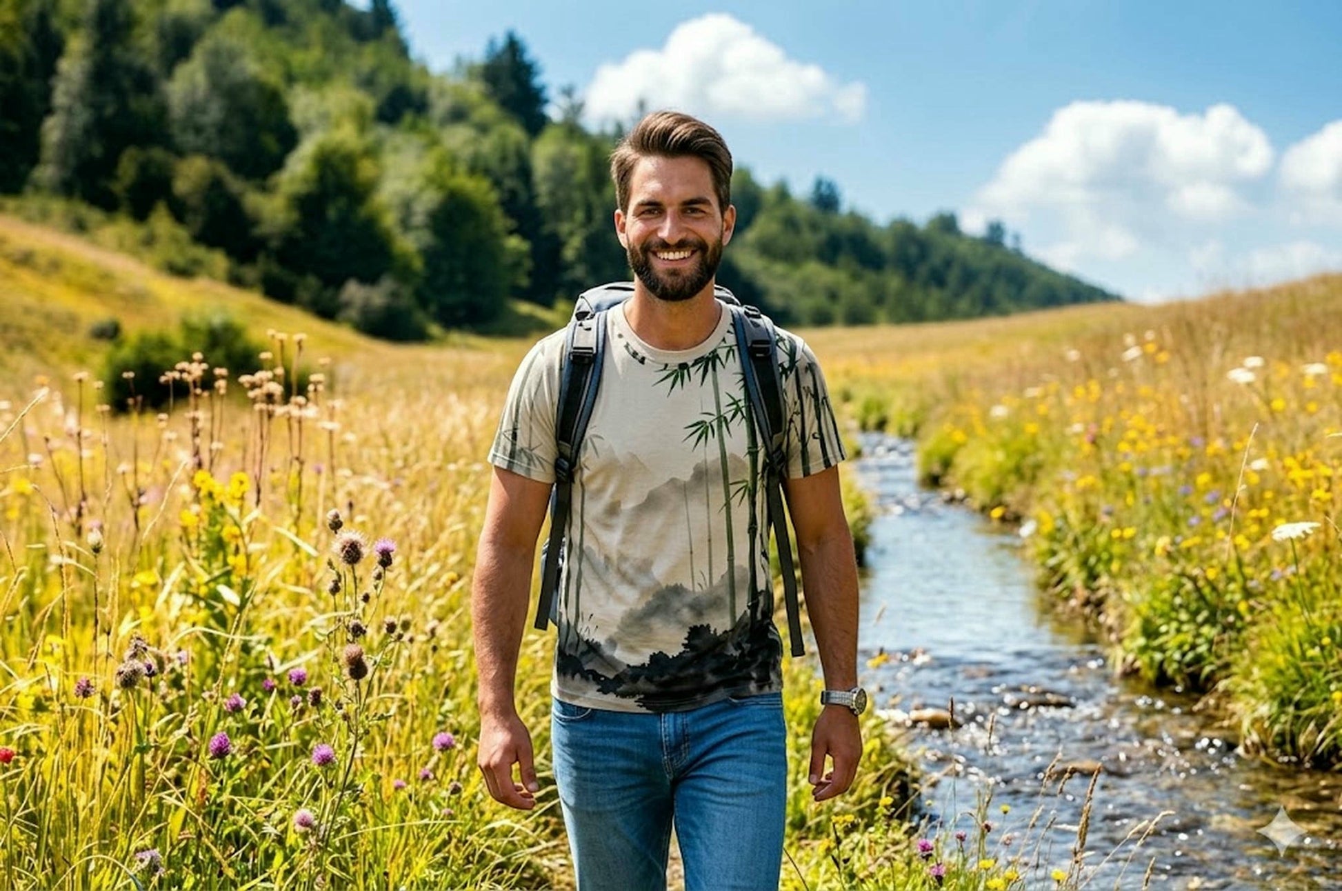 A man wearing a Chromatic Bamboo Mist sports jersey with a zen bamboo landscape print, hiking by a stream.