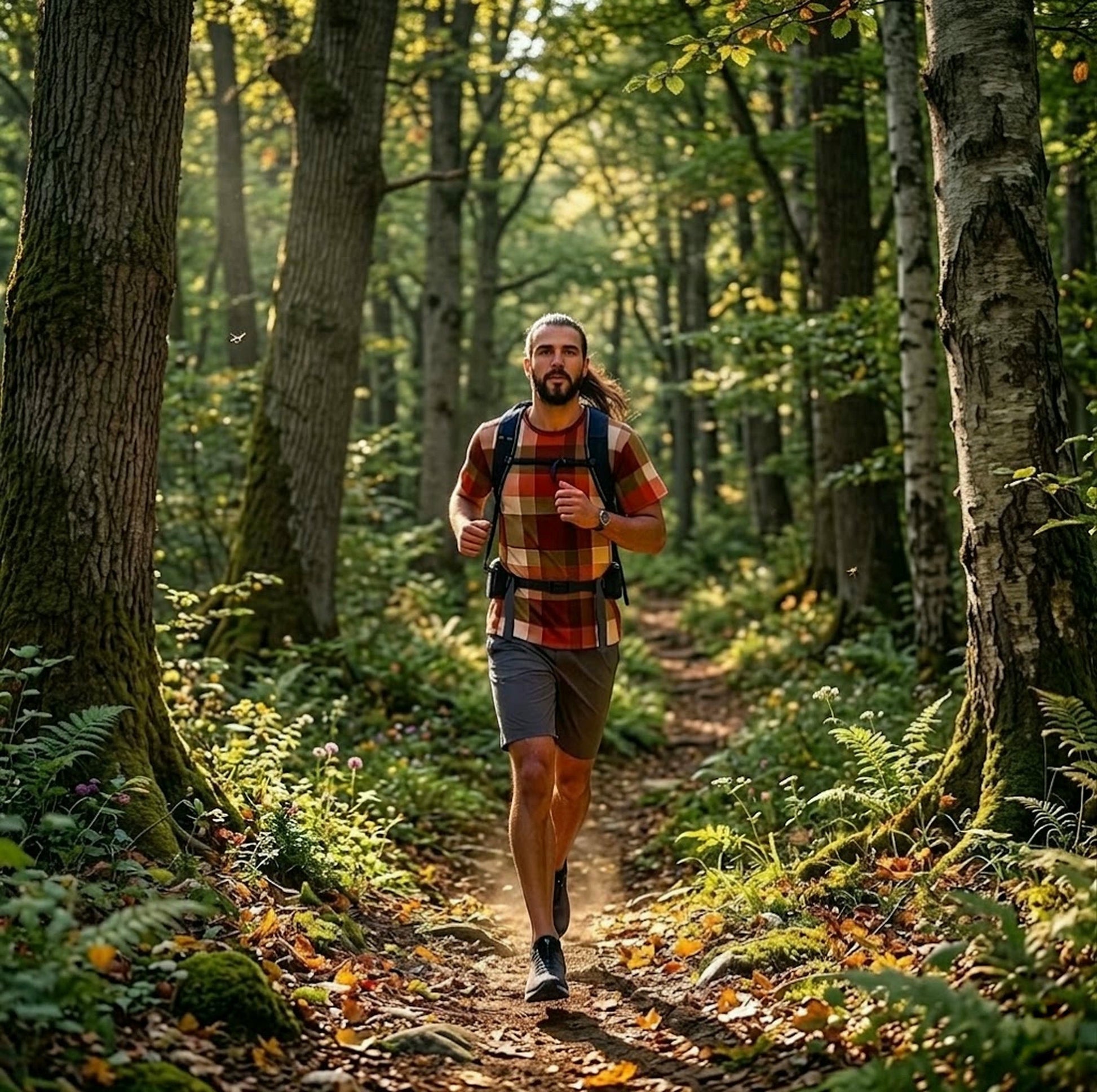 A man running on a forest trail wearing a Chromatic plaid sports jersey in rust, olive, cream, and camel colors.