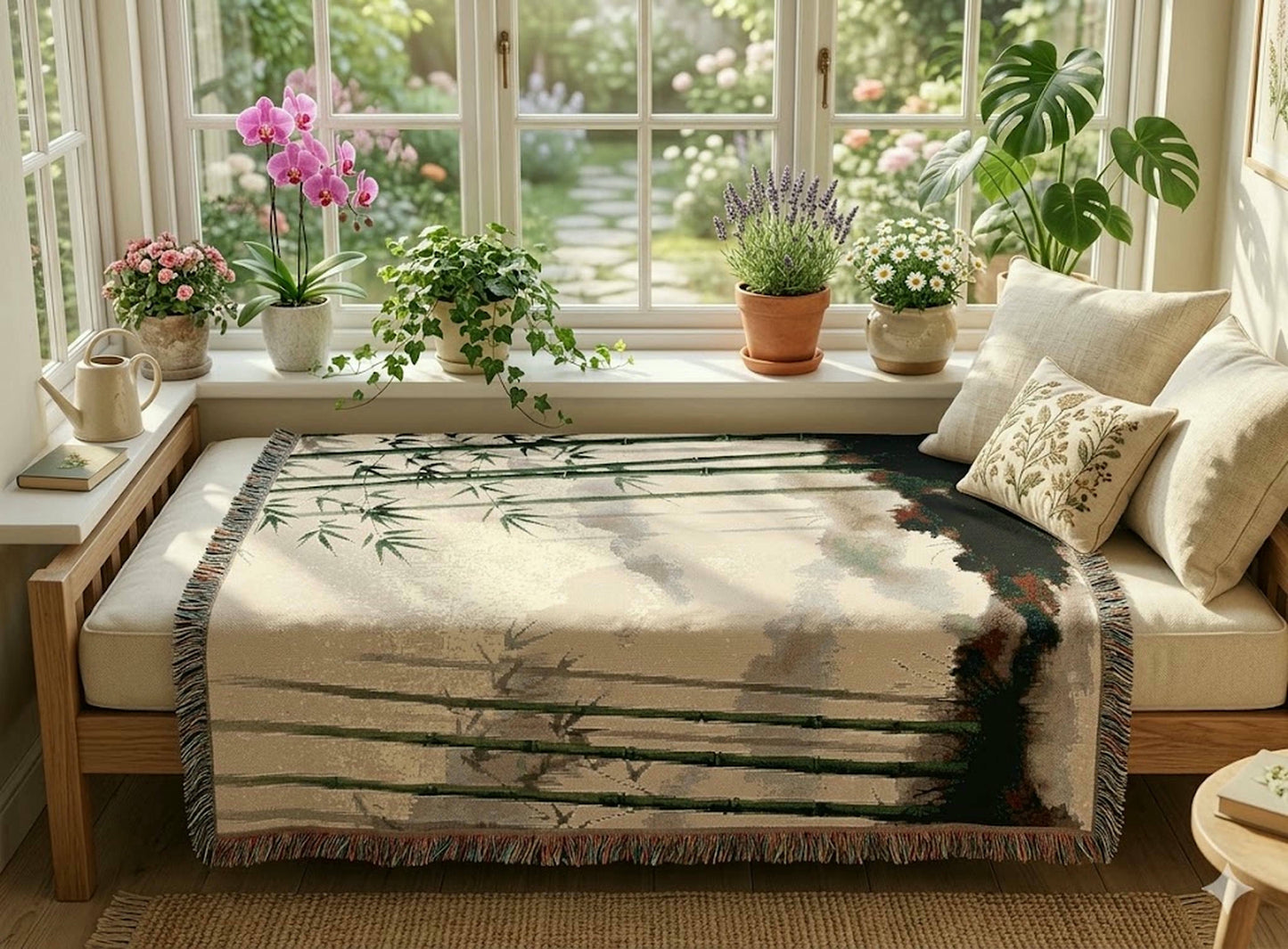 Bamboo Forest Woven Blanket | Nature Landscape Throw, Neutral Green