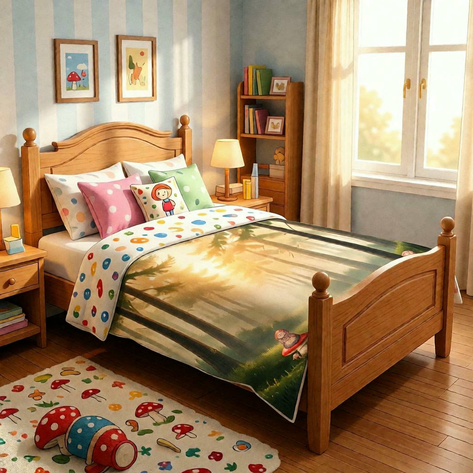 Chromatic Woodland Gnome toddler fleece blanket featuring a watercolor forest print on a cozy wooden bed in a nursery.