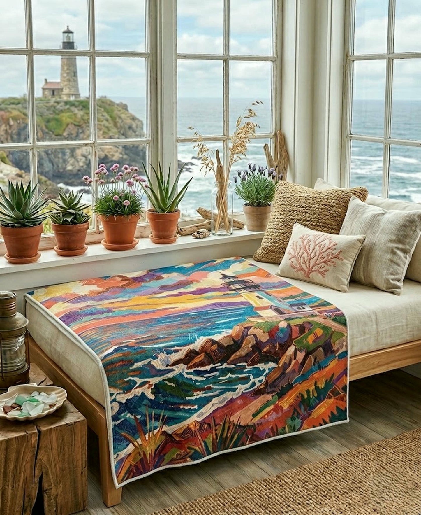 Colorful Lighthouse Sherpa Fleece Blanket — Cozy Nautical Throw