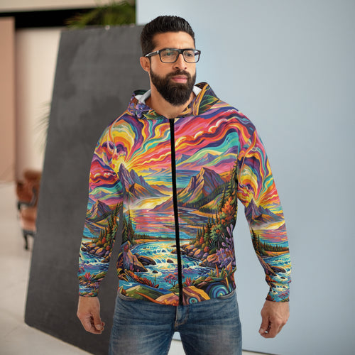 Abstract Pacific Northwest Art Zip Hoodie | Vibrant Bright AOP