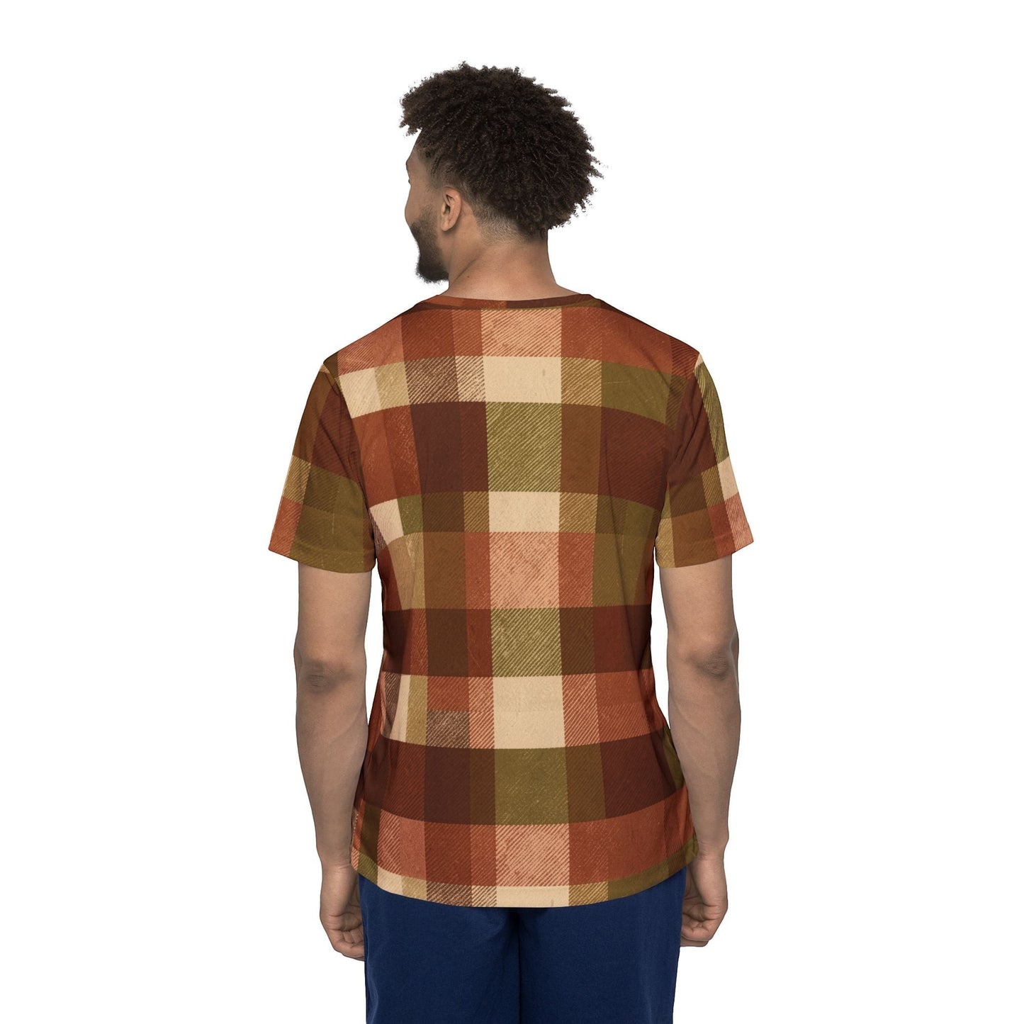 Back view of a man wearing a Chromatic plaid sports jersey in rust, olive, cream, and camel with a relaxed fit.