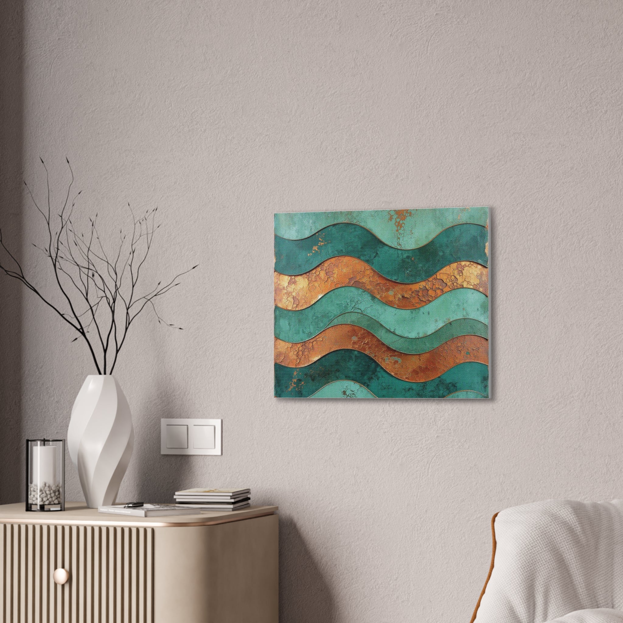 Abstract Copper Waves Canvas Art – Teal & Rust Stretched Wall Decor