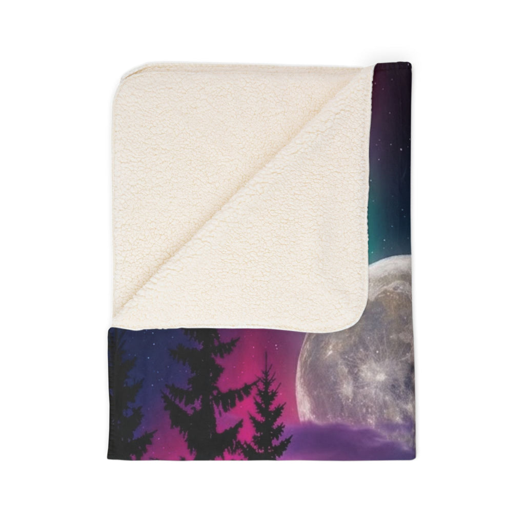 Northern Lights Fleece Sherpa Blanket – Neon Aurora Moon Forest Plush Throw
