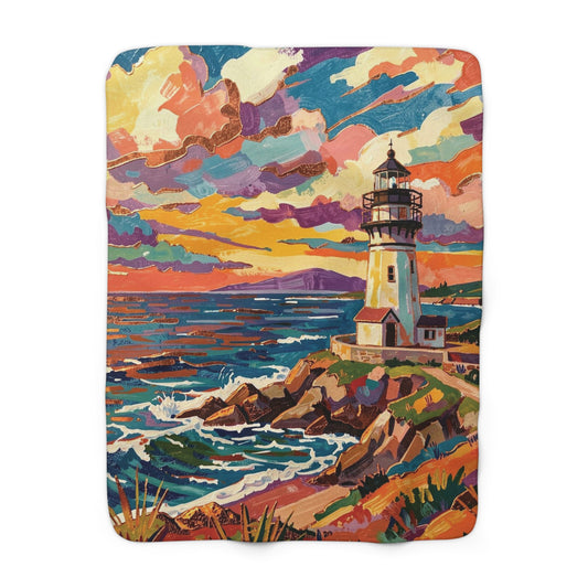Colorful Lighthouse Sherpa Fleece Blanket — Cozy Nautical Throw