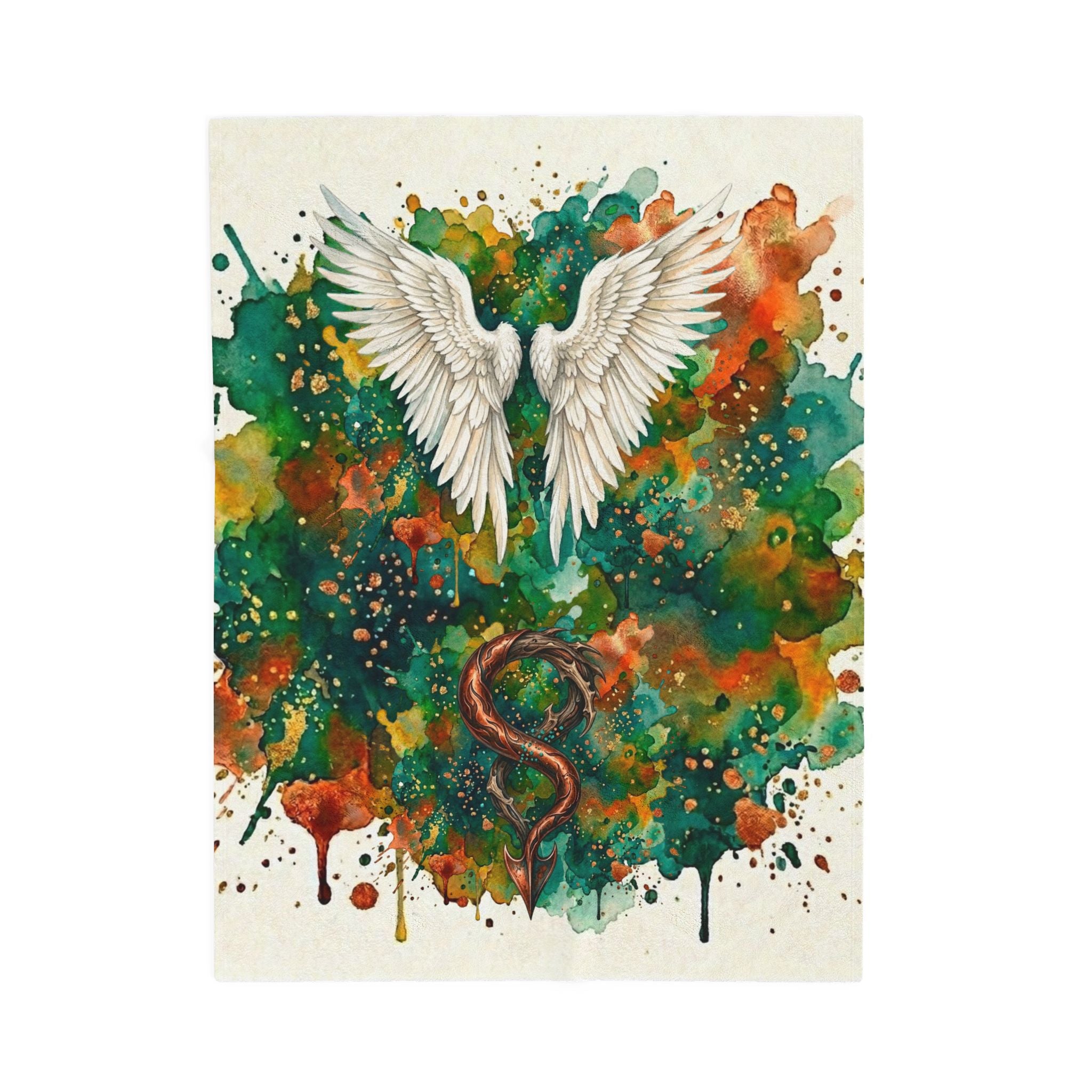 Velveteen Plush Blanket — Angel Wings & Devil Tail Watercolor Duality with Gold & Copper Highlights
