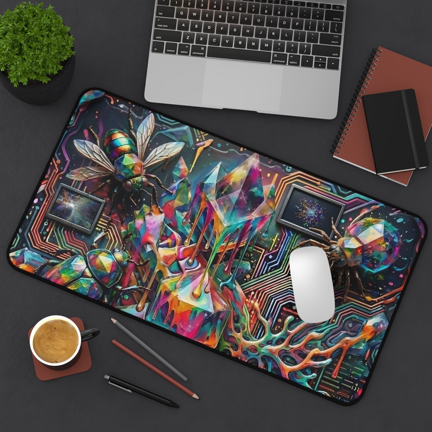 Cyber Psychedelic "Computer Bug" Desk Mat — Crystals, Insects & Circuit Art