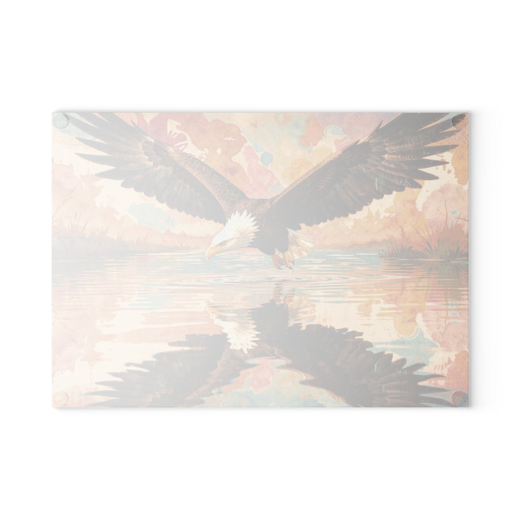 Boho Watercolor Eagle Glass Cutting Board — Swooping Eagle with Reflection