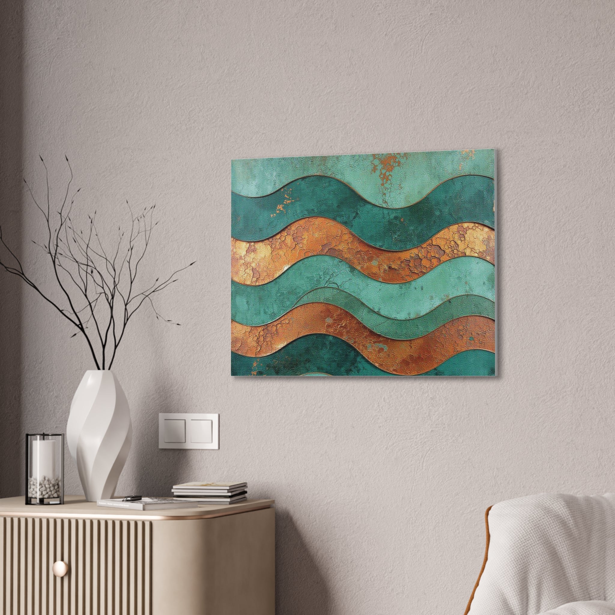 Abstract Copper Waves Canvas Art – Teal & Rust Stretched Wall Decor