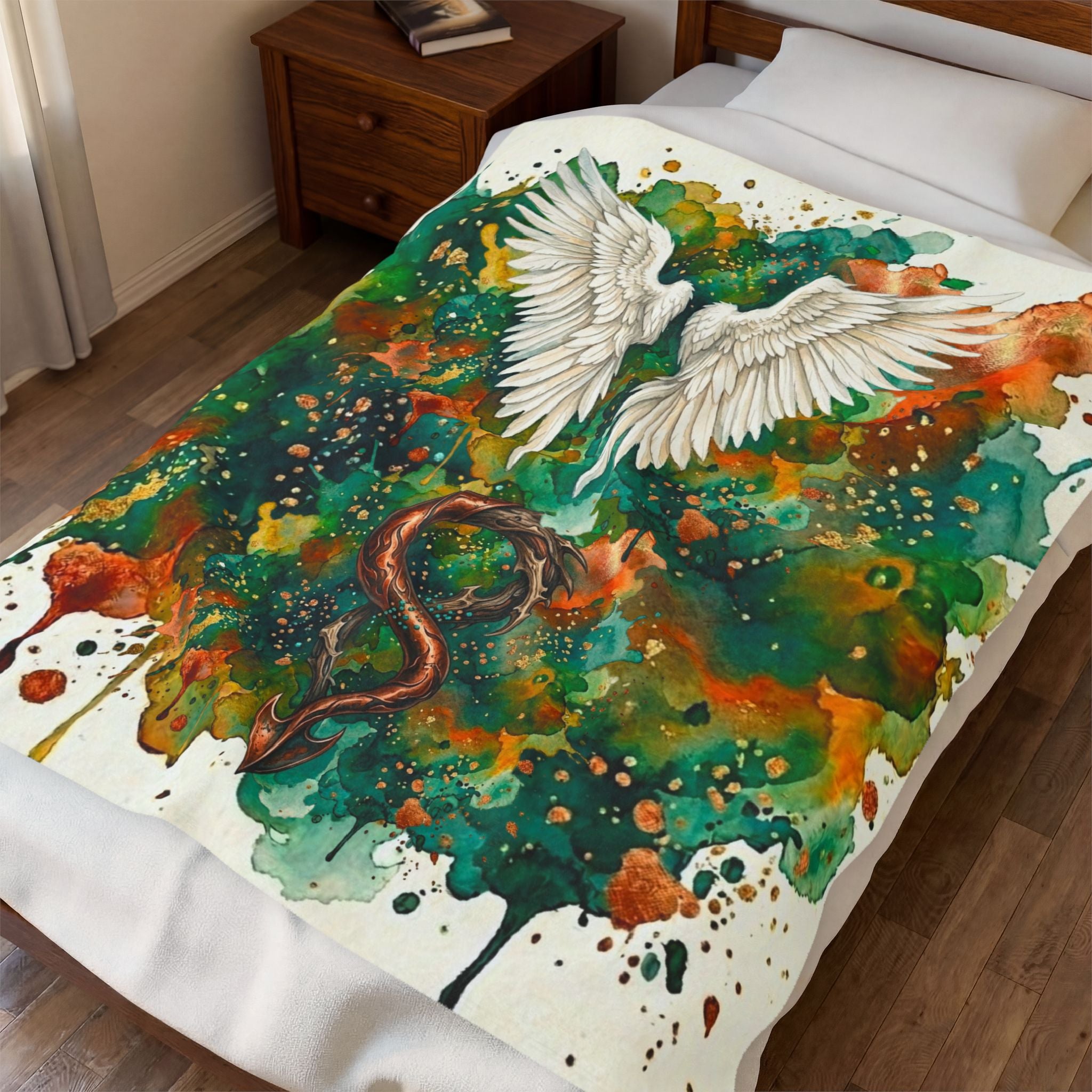 Velveteen Plush Blanket — Angel Wings & Devil Tail Watercolor Duality with Gold & Copper Highlights