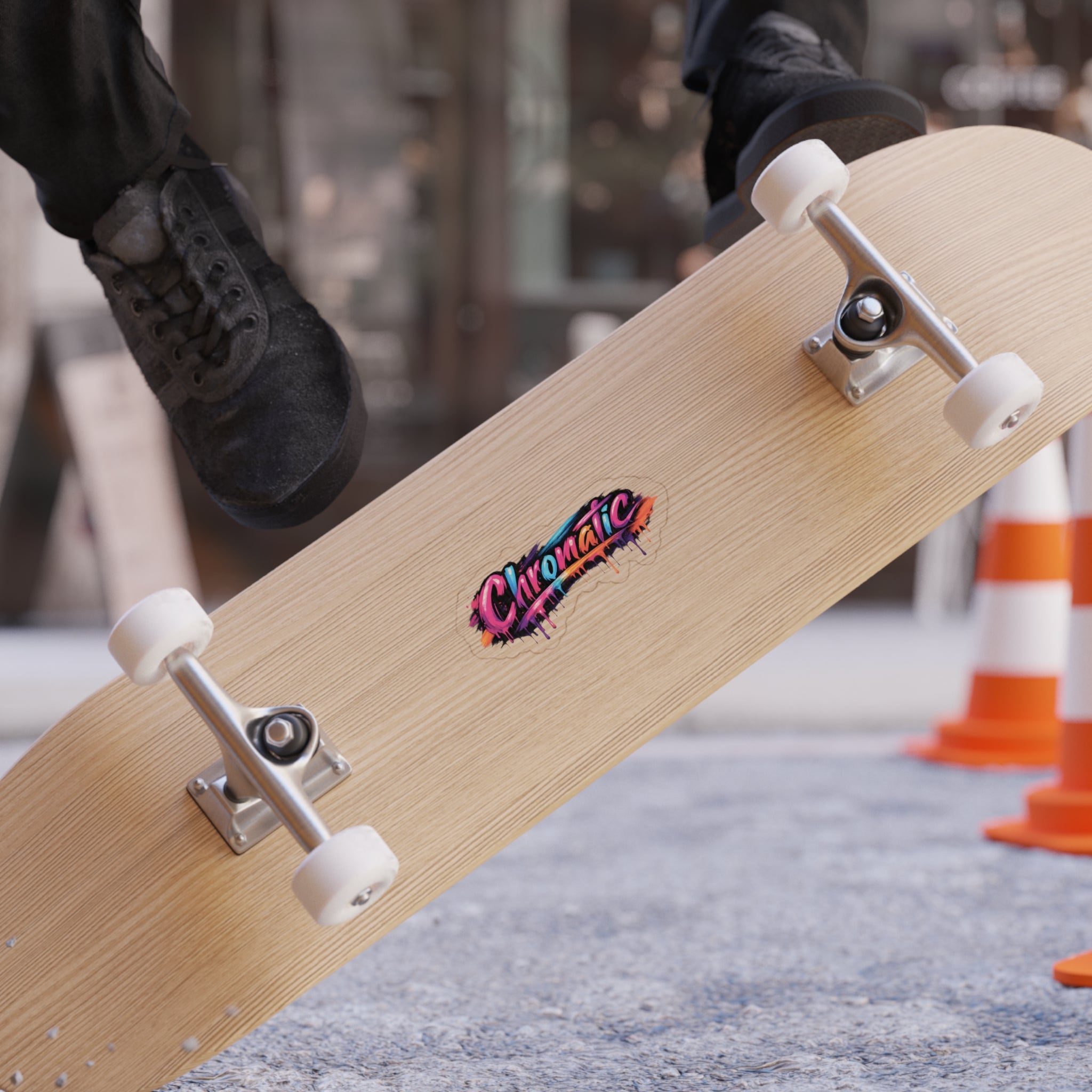 A skateboard flips midair, revealing a bold, graffiti‑style “Chromatic” graphic splashed with vivid pink, blue, orange, and black. The light wood deck and clean white wheels contrast with the energetic artwork, while a skater in black shoes adds motion and attitude. Traffic cones and a textured gray surface create an urban backdrop, emphasizing the dynamic, colorful, artistic style ideal for expressive fashion branding.