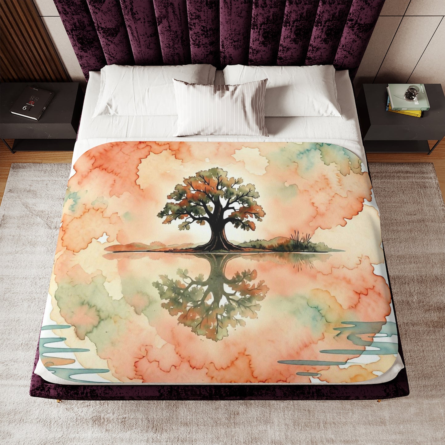 Zen Watercolor Tree  Reflection Sherpa Blanket — Lone Tree Lake Reflection