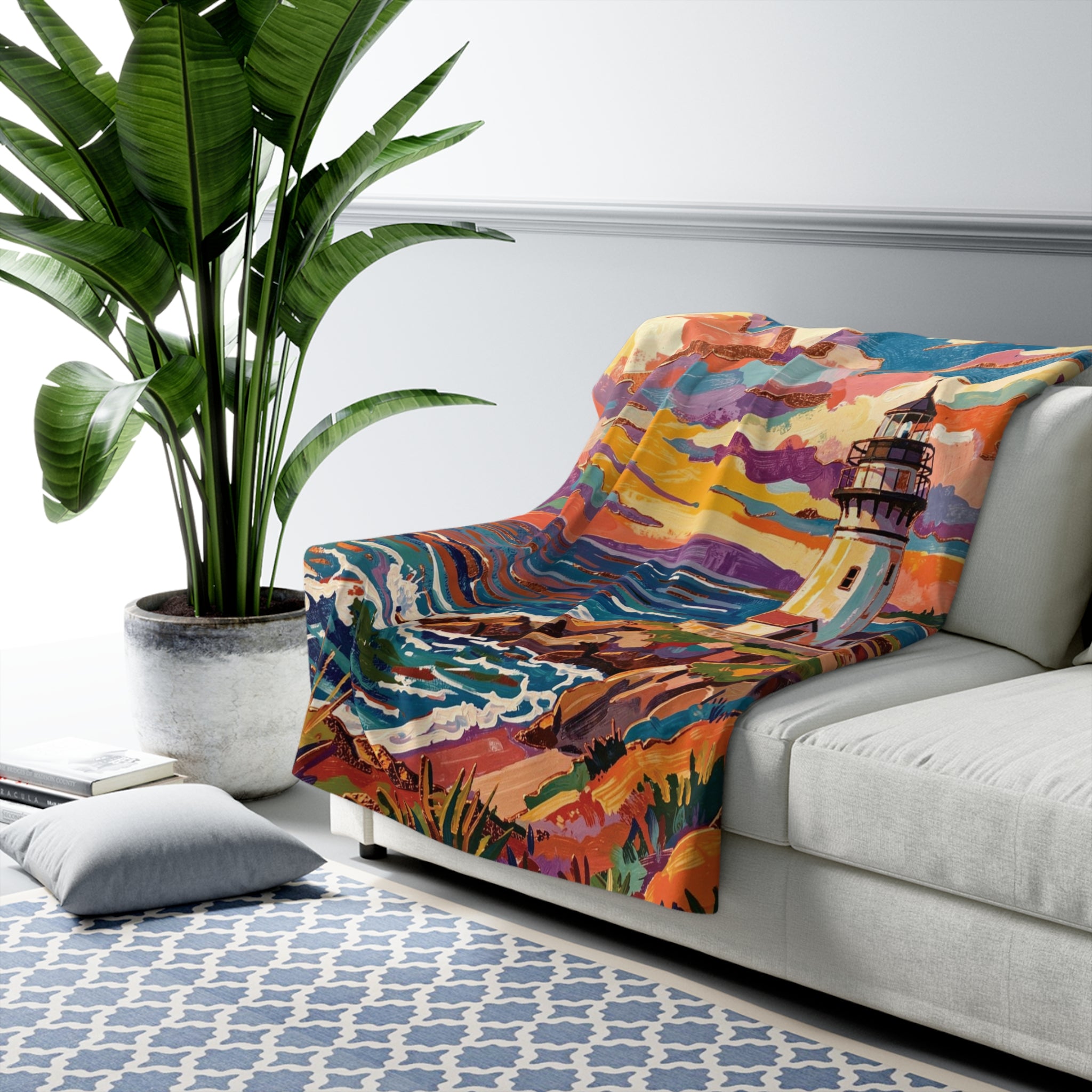 Colorful Lighthouse Sherpa Fleece Blanket — Cozy Nautical Throw