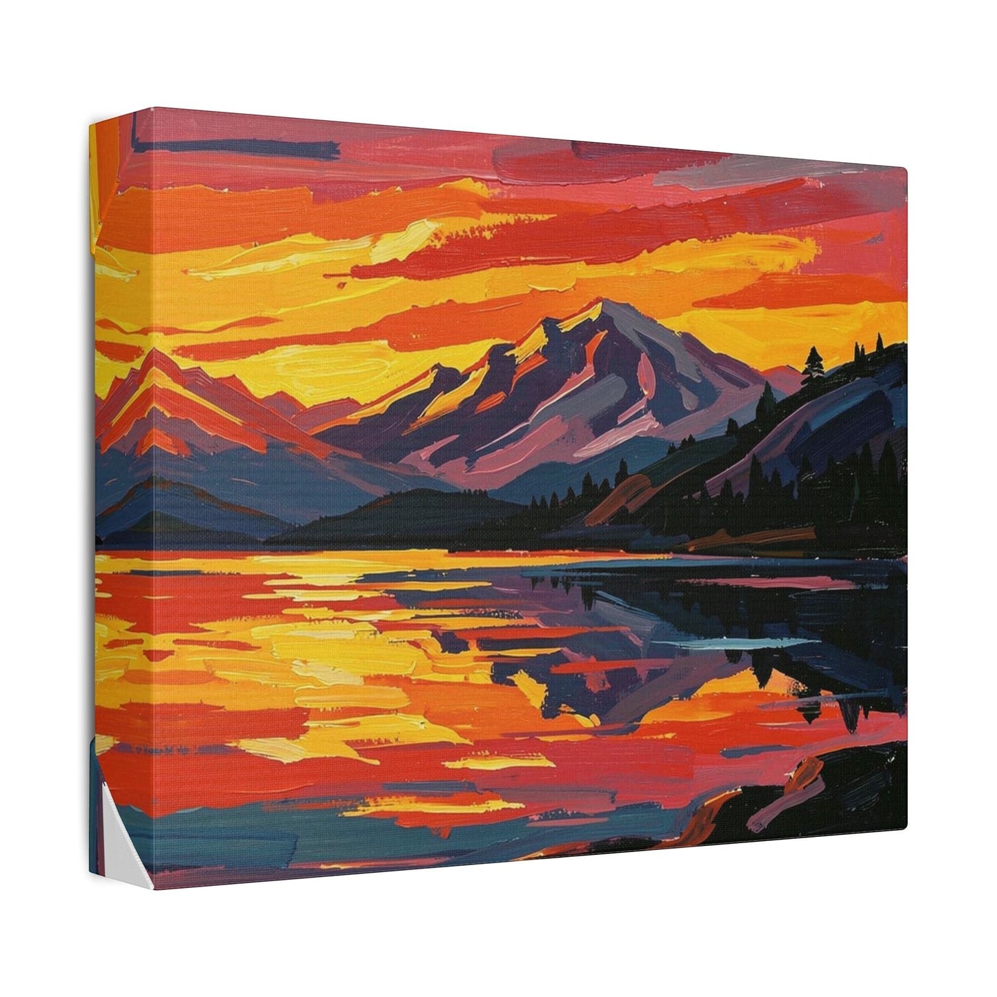 Chromatic canvas print featuring a vibrant mountain lake sunset with textured brushstrokes in orange, magenta, and indigo.