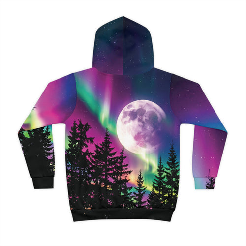 Aurora Neon Moon Children's Hoodie — Bright Night Sky Over Tree Line