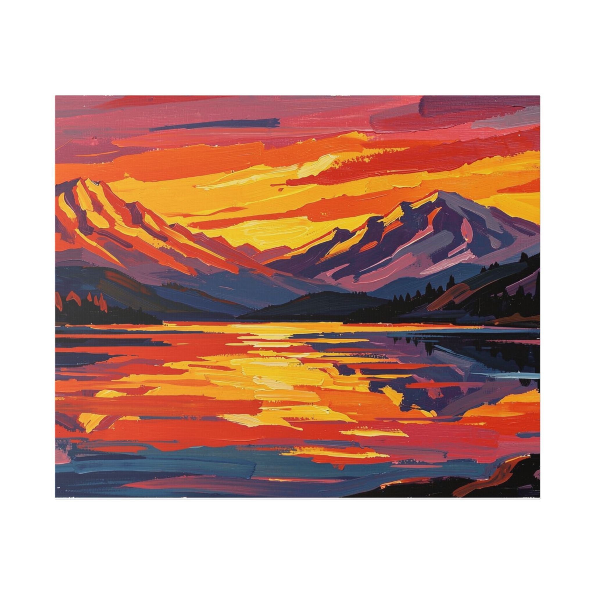 Sunset Mountain Lake Canvas Print — Vibrant Mountain Landscape Wall Art