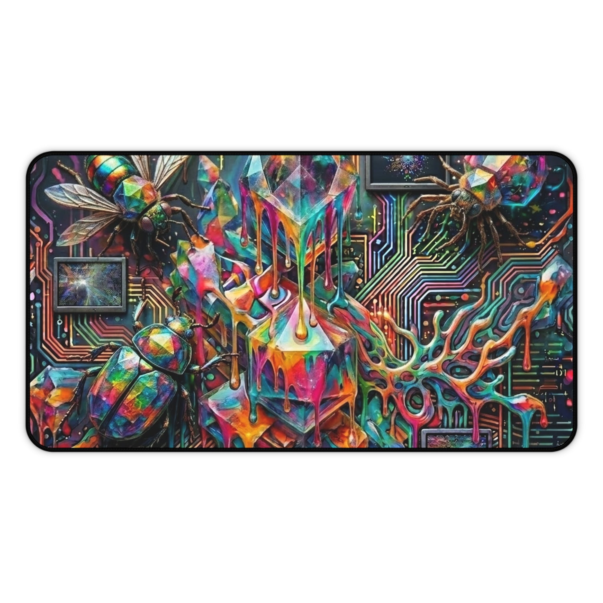 Cyber Psychedelic "Computer Bug" Desk Mat — Crystals, Insects & Circuit Art