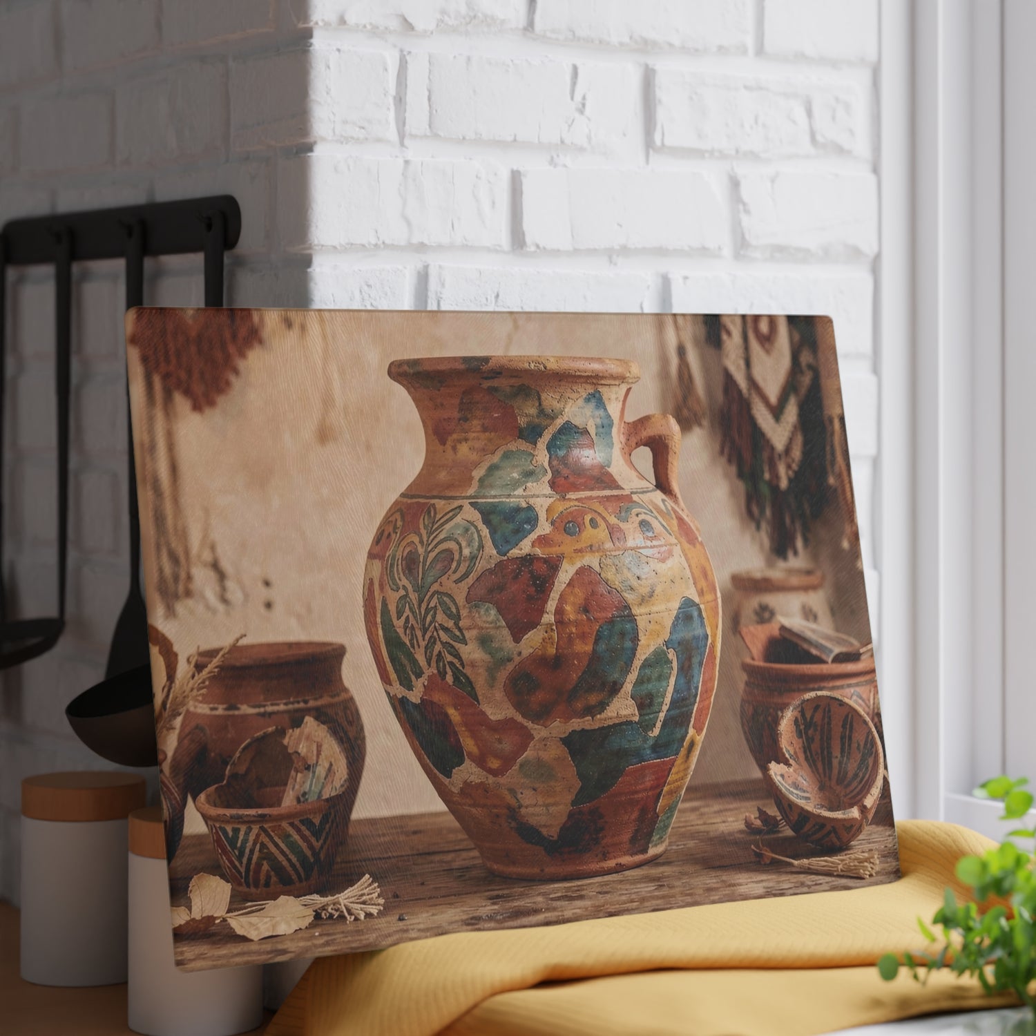 Boho Sunbaked Clay Pitcher Art Glass Cutting Board | Kitchen Countertop Decor